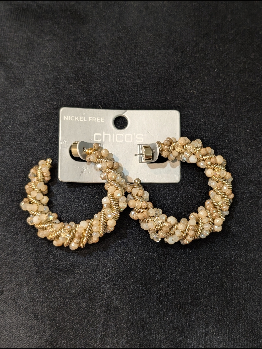 Chico's Gold Hoop Earrings with Beige and Cream Beads